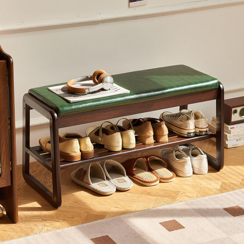 Bloomsbury Market Solid Wood Shoe Bench 2 Tier Wooden Storage Entryway Bench Mid Century Modern Shoe Bench Rack End Of Bed Bench With Faux Leather Cushion Ottoman Bench For Hallway Living Room Walnut ...